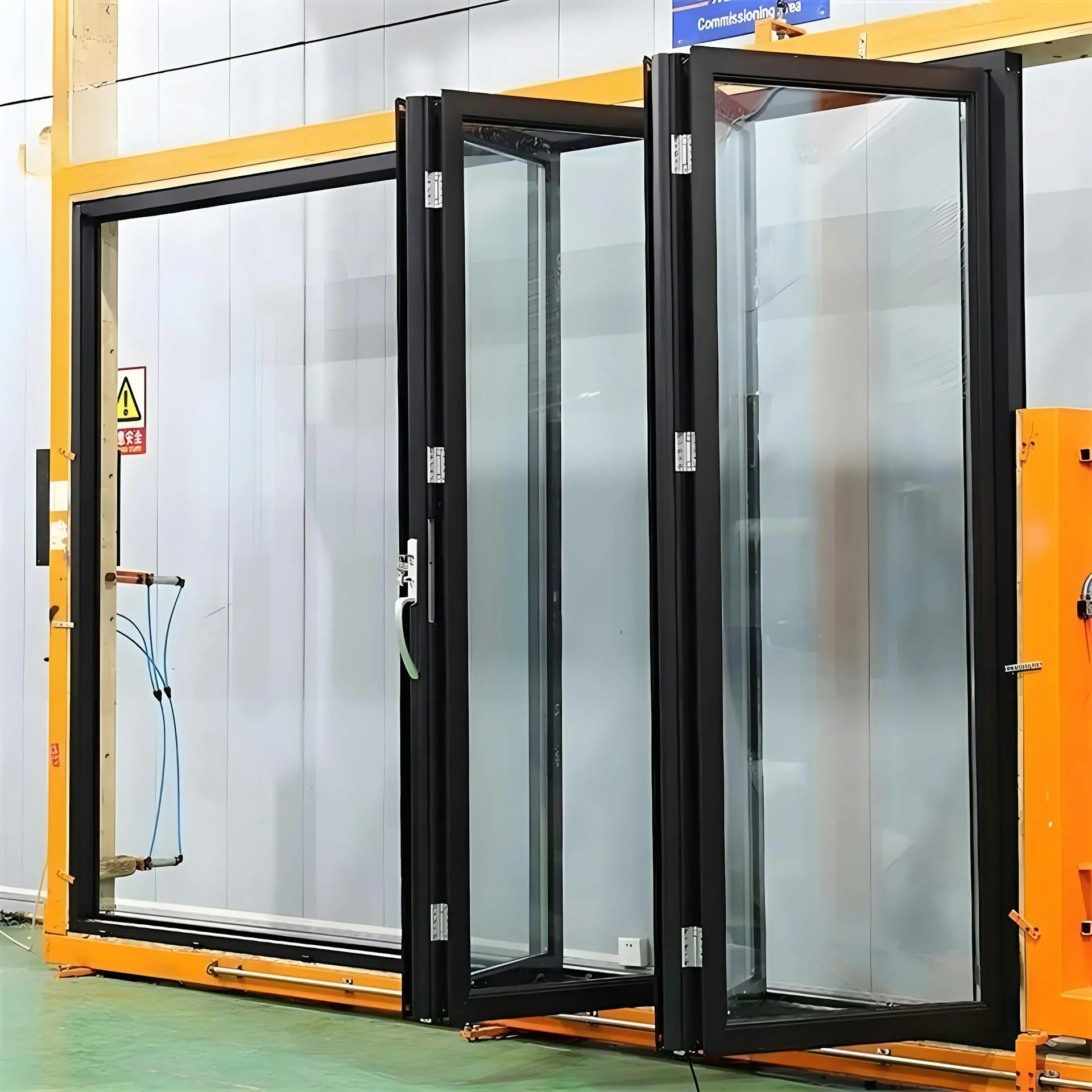 Black-framed glass door panels