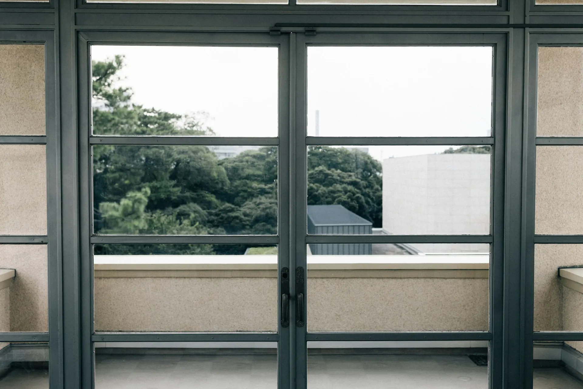 Multi-panel glass doors with dark frames opening to a balcony view